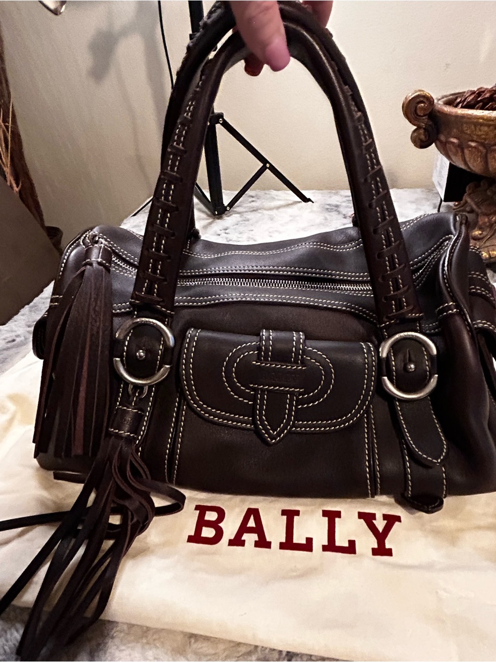 Bally Dark Brown Leather Shoulder Bag with Tassel